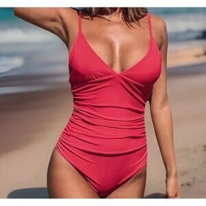 Women One Cupshe One Piece Swimsuit L Pink Ruched Tummy Control V-Neck NWOT